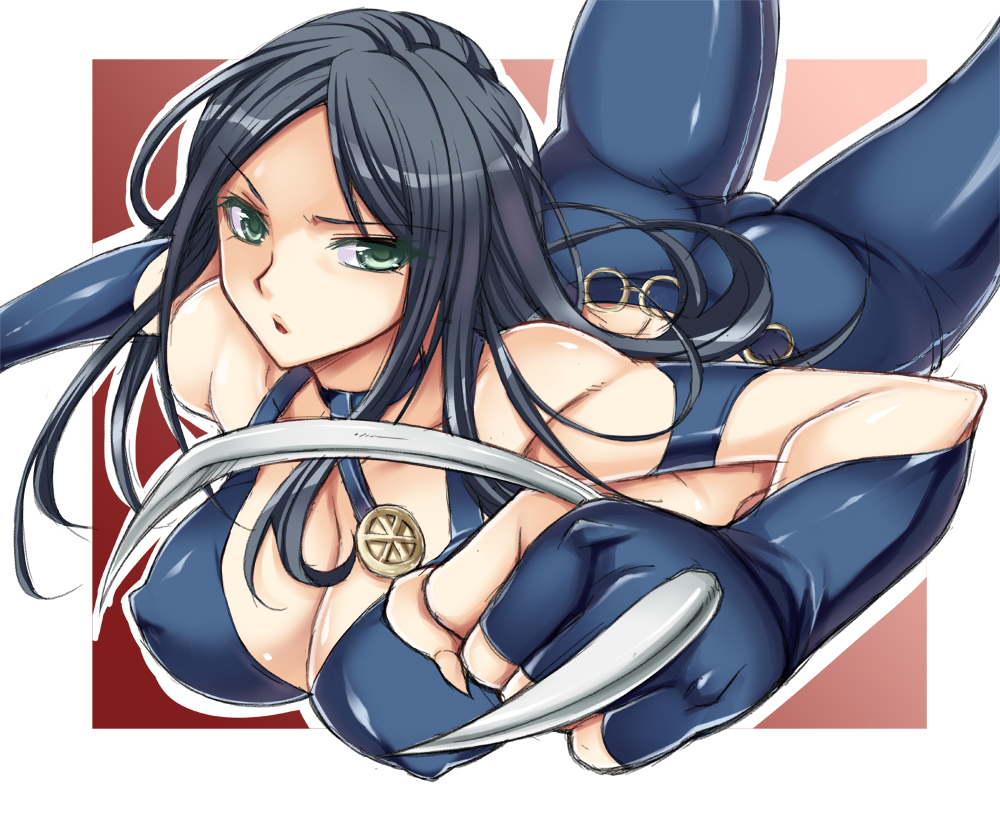 black_hair breasts claws cleavage fingerless_gloves gloves green_eyes large_breasts long_hair marvel midriff mushi024 nipples solo x-23 x-men