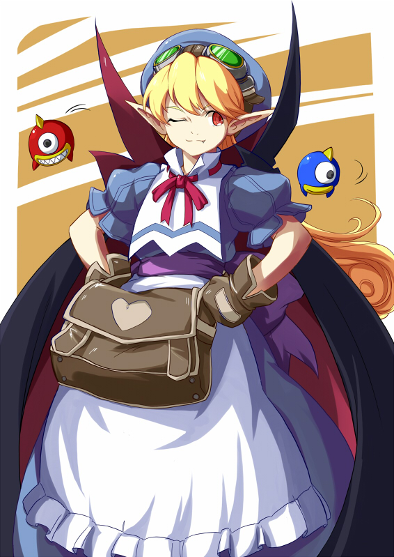 apron bag blonde_hair blue_dress blue_hat bow cloak curly_hair dress fang flipped_hair gloves goggles goggles_on_head hands_on_hips hat heart long_hair marivel_armitage no~ma one_eye_closed pointy_ears red_eyes ribbon robot simple_background smile solo two-tone_background vampire wild_arms wild_arms_2