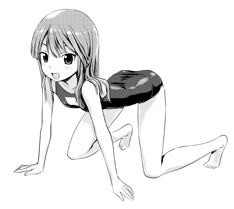 all_fours bad_id bad_pixiv_id barefoot flat_chest greyscale monochrome one-piece_swimsuit original school_swimsuit simple_background solo swimsuit tougetsu_gou