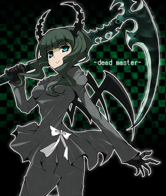 aqua_eyes bad_id bad_pixiv_id black_legwear black_rock_shooter bow character_name checkered checkered_background dead_master dress gloves green_hair holding holding_scythe horns pantyhose ribbon saga_taichi scythe short_hair sidelocks smile solo