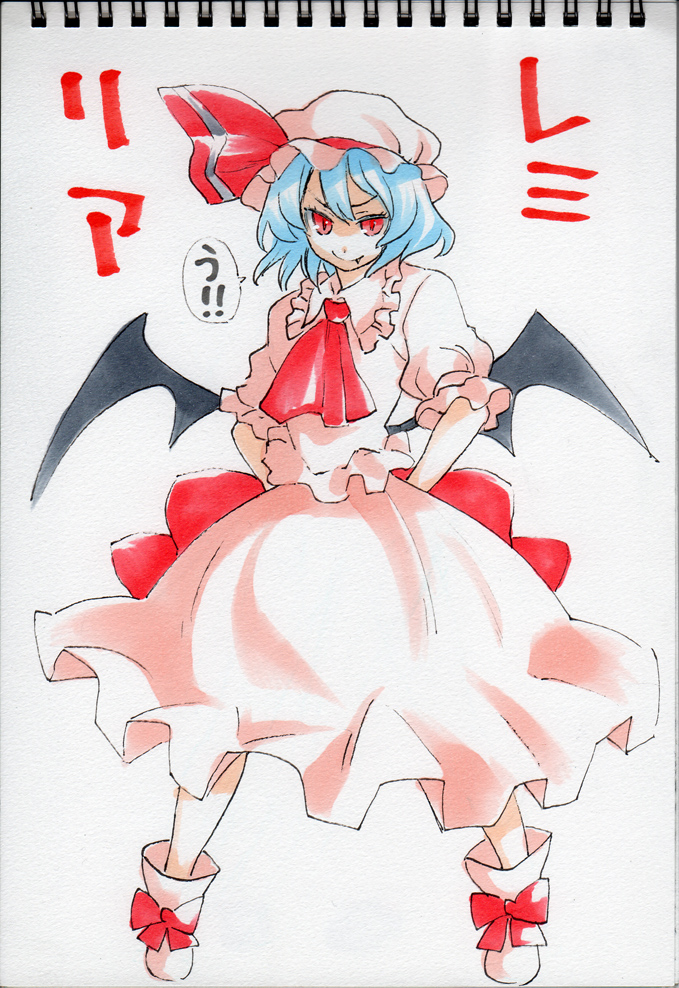bad_id bad_pixiv_id bat_wings blue_hair character_name fang frills hat pose red_eyes remilia_scarlet solo touhou traditional_media uousa-ou wings