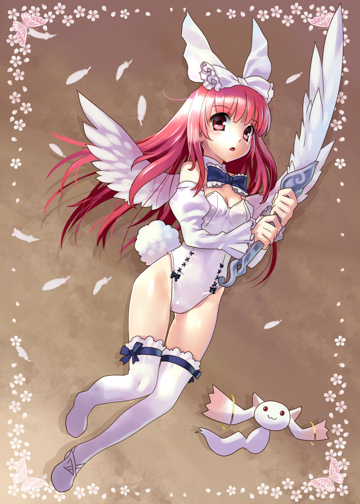 :3 animal_ears bare_shoulders bug bunny_ears bunny_girl bunny_tail bunnysuit butterfly commentary_request crossover deathsmiles detached_sleeves feathers full_body hair_ribbon insect katahira_masashi kyubey long_hair mahou_shoujo_madoka_magica pink_eyes pink_hair red_eyes red_hair ribbon sword tail thighhighs weapon white_legwear windia_(deathsmiles) wings