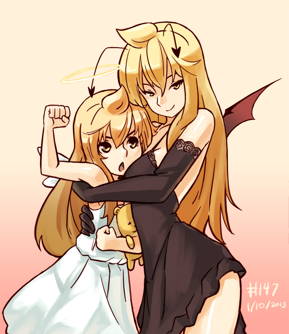 2girls ahoge antennae arm_around_waist bare_shoulders blonde_hair breast_smother breasts chestnut_mouth clenched_hands dated demon_wings dress dual_persona elbow_gloves flat_chest fujioka-kuma gloves gradient gradient_background halo hug junkpuyo long_hair minami-ke minami_chiaki multiple_girls nightgown older raised_fist seductive_smile smile stuffed_animal stuffed_toy teddy_bear white_dress wings yellow_eyes
