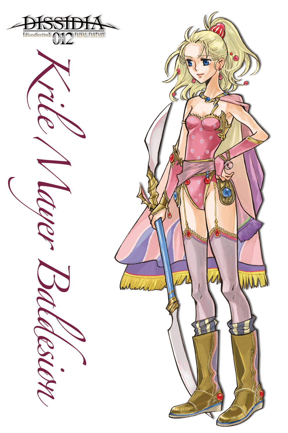bad_id bad_pixiv_id bell blonde_hair blue_eyes boots bridal_gauntlets cape character_name dissidia_012_final_fantasy dissidia_final_fantasy fantasy final_fantasy final_fantasy_v full_body gloves hair_ornament hairpin hand_on_hip highres knee_boots krile_mayer_baldesion leotard long_hair mero_(lucsarah) pink_cape pink_leotard ponytail purple_legwear simple_background solo thigh_strap thighhighs weapon
