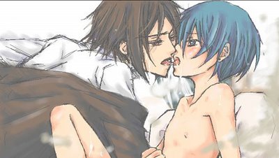 2boys artist_request bare_shoulders black_hair blue_hair blush character_request ciel_phantomhive clothed_male_nude_male eye_contact french_kiss kiss kuroshitsuji looking_at_another lowres male male_focus multiple_boys nude saliva short_hair tongue yaoi