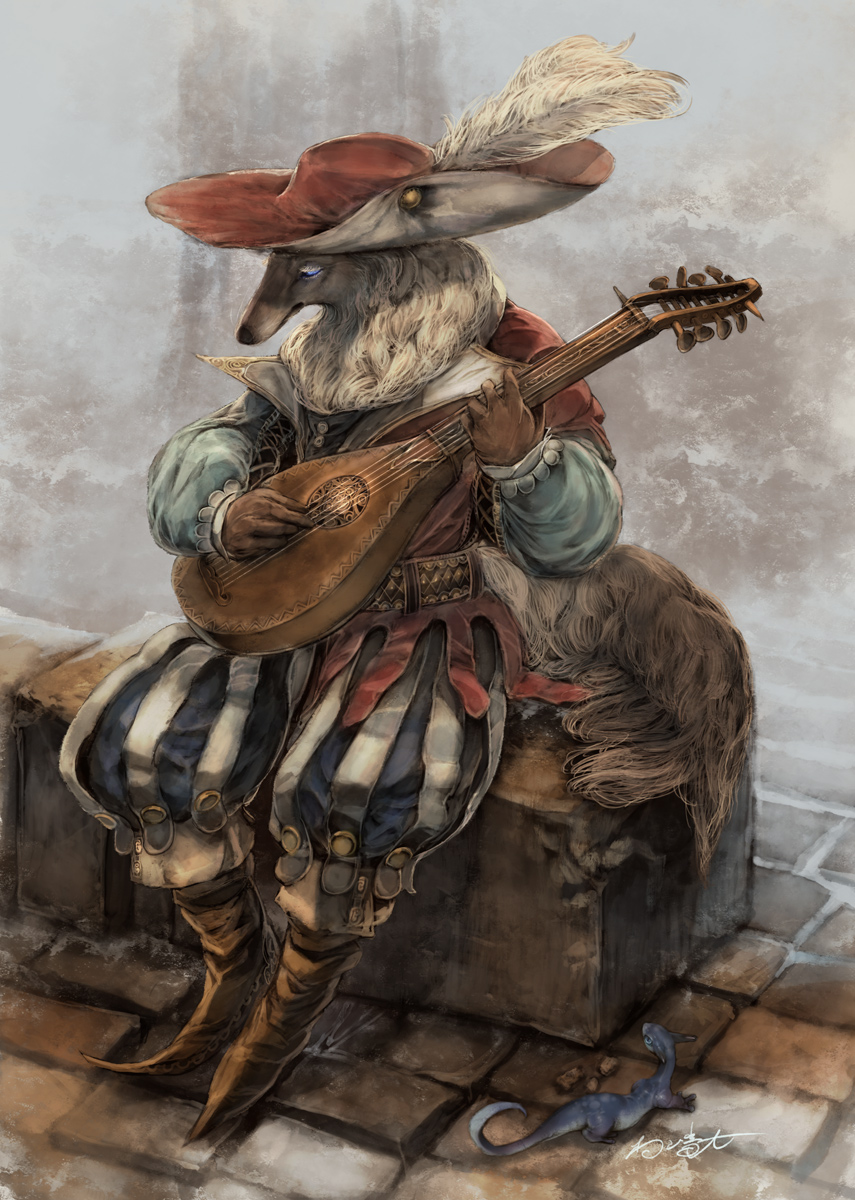 belt blue_eyes box commentary_request dog fur furry gloves hat hat_feather highres instrument lizard long_sleeves lute_(instrument) monster murayama_ryouta music original outdoors playing_instrument pointed_boots puffy_long_sleeves puffy_sleeves renaissance_clothes sett sitting solo stone_floor striped striped_legwear tail vertical-striped_legwear vertical_stripes