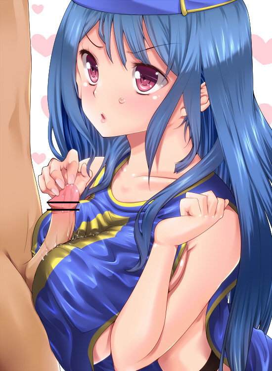 amasora_taichi blue_eyes blush breasts censored dragon_quest dragon_quest_iii hat large_breasts long_hair naked_tabard open_mouth paizuri paizuri_over_clothes penis pink_eyes pointless_censoring priest_(dq3) solo_focus sweat tabard