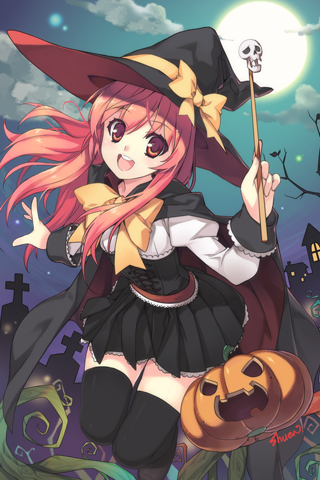 :d black_legwear cape cloud dress grave halloween hat jack-o'-lantern long_hair lowres moon night nytitch open_mouth pink_hair pumpkin red_eyes red_hair shuen sky smile solo sword_girls thighhighs witch witch_hat zettai_ryouiki