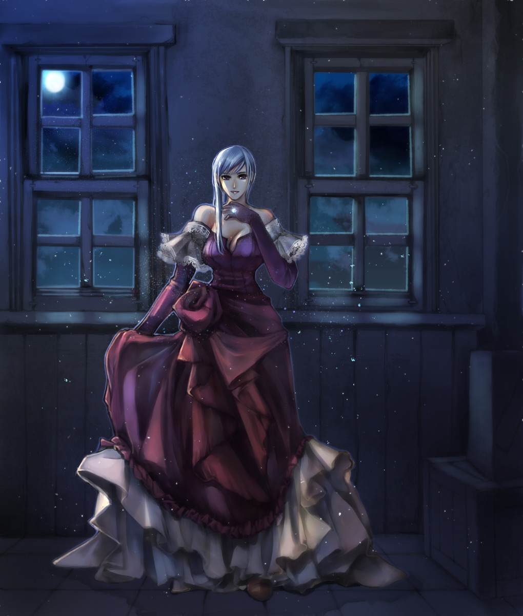 bad_id bad_pixiv_id bare_shoulders blue_hair breasts cleavage dress dust elbow_gloves false_island gloves highres jewelry large_breasts moon night ring solo takayama_dan window