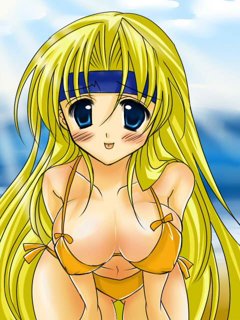 :p asukasunao bare_shoulders bent_over bikini blonde_hair blue_eyes blush breasts celes_chere cleavage erect_nipples female final_fantasy final_fantasy_vi headband long_hair outdoors sky solo swimsuit tongue tongue_out