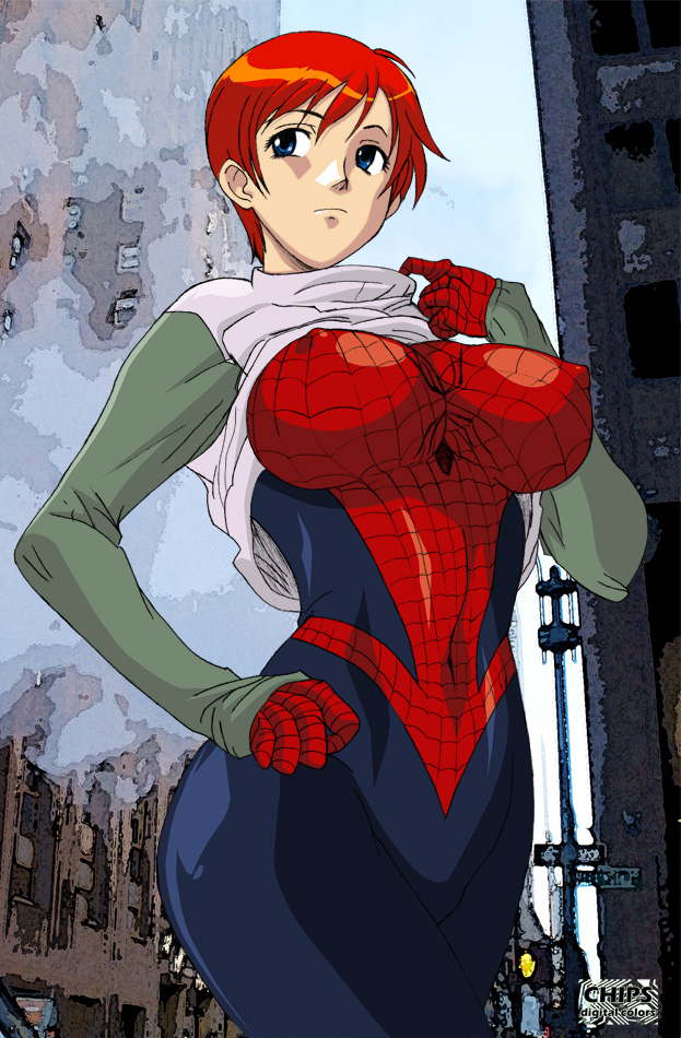 blue_eyes breasts costume curvy large_breasts marvel may_parker nipples red_hair short_hair spider-girl spider-man spidergirl