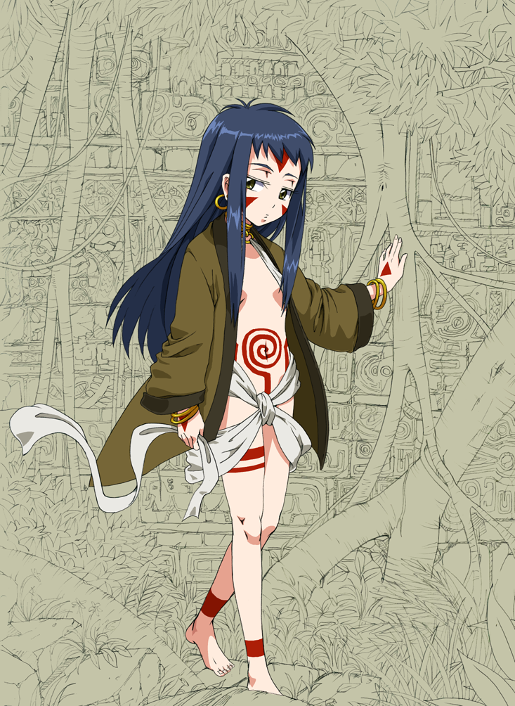 against_tree arm_support bad_id bad_pixiv_id barefoot blue_hair bodypaint bracelet choker cloth earrings facepaint facial_mark fangs feet flat_chest forehead_mark hoop_earrings jaga_note jewelry leaf long_hair long_sleeves looking_at_viewer nature navel neo_ranga no_bra open_clothes open_shirt outdoors purple_hair sash shimabara_yuuhi shirt solo standing tree tribal walking wide_sleeves yellow_eyes