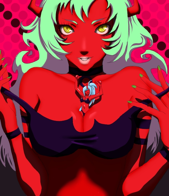 artist_request bare_shoulders between_breasts breasts catherine_(game) catherine_cover_parody collar fangs green_hair horns kneesocks_(psg) large_breasts lipstick makeup minigirl multiple_girls nail_polish panty_&amp;_stocking_with_garterbelt parody person_between_breasts red_skin scanty_(psg) teeth thumbs_up undressing yellow_eyes