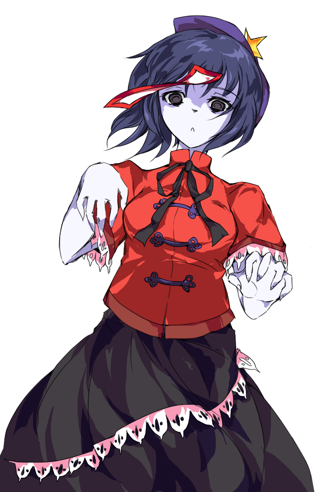 alphes_(style) black_eyes blue_hair chinese_clothes formless_god hat jiangshi miyako_yoshika ofuda outstretched_arms pale_skin parody ribbon short_hair simple_background solo star style_parody touhou zombie_pose