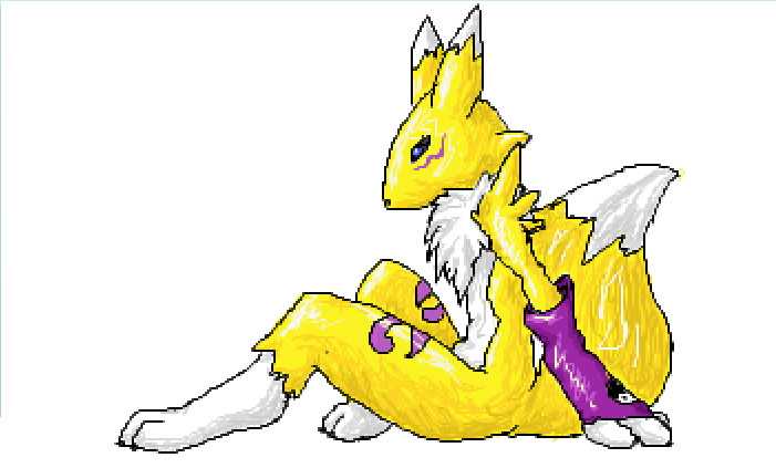 blue_eyes canine claws digimon female fox gloves renamon sitting soft solo tail unknown_artist yellow