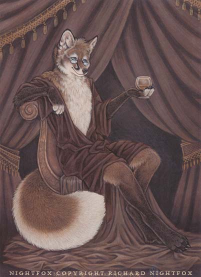canine dark_natasha diptych fox glasses male nightfox open_shirt robe sitting solo wine