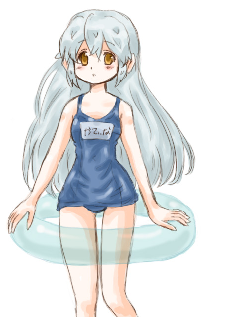 arms_at_sides bare_arms bare_shoulders blush buumin innertube katrina_elesius long_hair one-piece_swimsuit school_swimsuit sidelocks simple_background solo swimsuit white_background white_hair wild_arms wild_arms_xf yellow_eyes