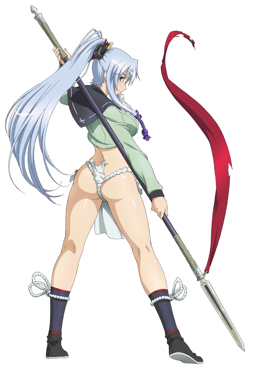 artist_request ass breasts brown_eyes from_behind full_body fundoshi gotou_matabei hair_ornament highres hyakka_ryouran_samurai_girls japanese_clothes kneepits legs long_hair medium_breasts no_pants official_art polearm ponytail school_uniform shide silver_hair solo source_request spear transparent_background weapon
