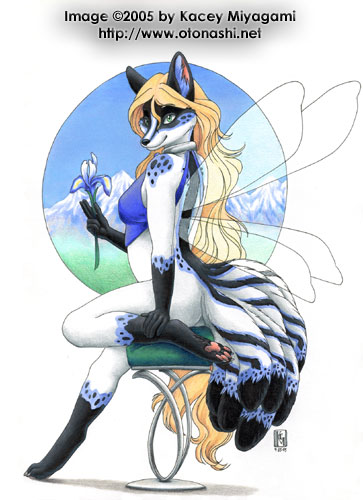 blonde_hair bottomless canine fairy_wings female flower fox green_eyes hair hindpaw kacey karma kitsune long_blonde_hair long_hair looking_at_viewer multiple_tails sitting skimpy solo tail