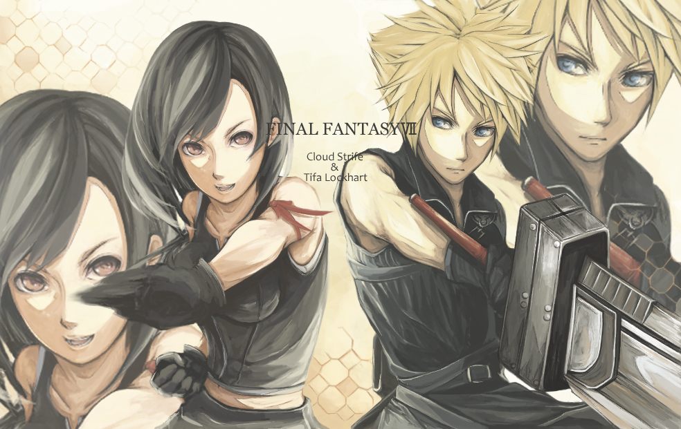 black_hair blonde_hair blue_eyes brown_eyes buster_sword cloud_strife female final_fantasy final_fantasy_vii final_fantasy_vii_advent_children gloves long_hair male ripu_(vincecarter) short_hair sword tifa_lockhart vest vincecarter weapon