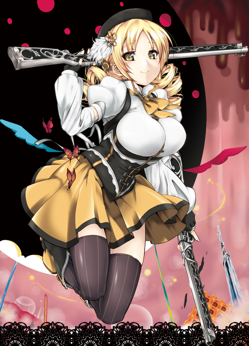 beret blonde_hair boots breasts bug butterfly charlotte_(madoka_magica) corset detached_sleeves drill_hair dual_wielding fingerless_gloves food gloves gun hair_ornament hat highres holding insect large_breasts mahou_shoujo_madoka_magica rifle satou_samu smile thighhighs tomoe_mami twin_drills twintails waffle weapon witch's_labyrinth yellow_eyes zettai_ryouiki