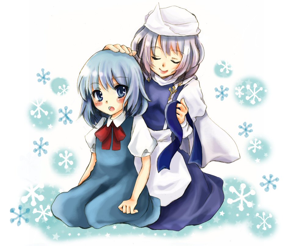 blue_eyes blue_hair blush cirno closed_eyes hand_on_another's_head izurito lavender_hair letty_whiterock multiple_girls sitting smile touhou