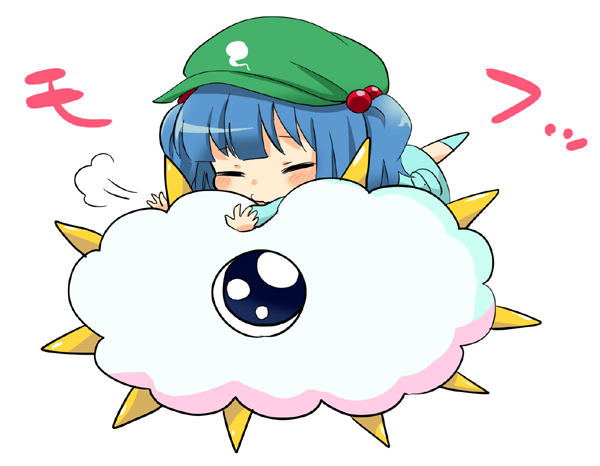 bad_id bad_pixiv_id bag blue_dress blue_hair chibi closed_eyes cloud crossover dress hair_bobbles hair_ornament hat ica kawashiro_nitori kirby_(series) kracko solo touhou two_side_up