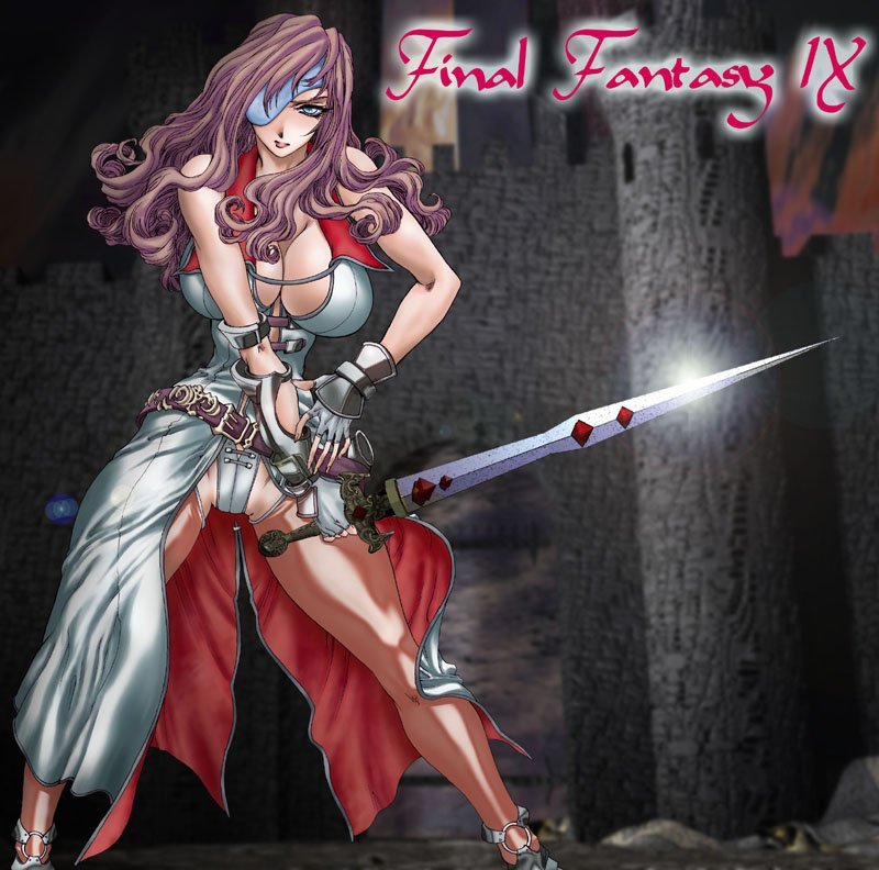 bare_shoulders beatrix blue_eyes breasts brown_hair cleavage eyepatch final_fantasy final_fantasy_ix fingerless_gloves gloves large_breasts long_hair solo sword thighhighs weapon yuri_ai