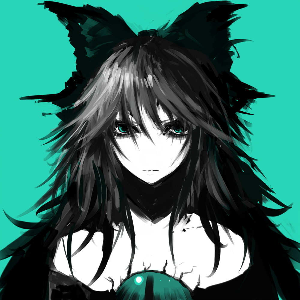 bad_id bad_pixiv_id bare_shoulders black_hair blue_eyes bow expressionless eyelashes face hair_bow long_hair messy_hair monochrome no_nose reiuji_utsuho simple_background solo spot_color third_eye touhou upper_body violence_kumahina