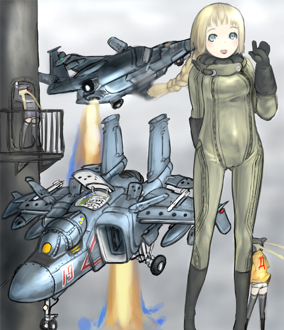 aircraft airplane blonde_hair blue_eyes bodysuit braid coh copyright_request gloves military pilot_suit russia solo yak-141