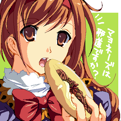 bow braid brown_eyes brown_hair eating enoo green_background hairband long_hair lowres oekaki open_mouth ribbon sidelocks solo translation_request virginia_maxwell wild_arms wild_arms_3 yakisobapan