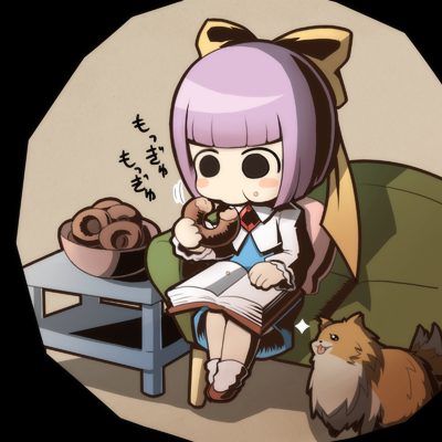 blush_stickers brooch chibi crab_man dog doughnut eating food ghost_trick jewelry kanon_(ghost_trick) lowres missile_(ghost_trick) pomeranian_(dog) purple_hair ribbon skirt solo