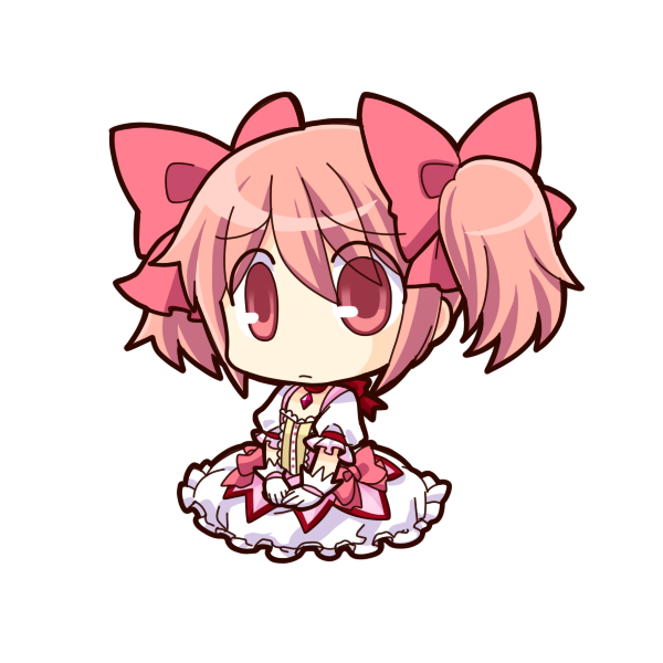 bubble_skirt chibi choker frown full_body gloves hands_on_lap kaname_madoka magical_girl mahou_shoujo_madoka_magica pink_eyes pink_hair puffy_sleeves sitting skirt socha solo transparent_background twintails white_gloves