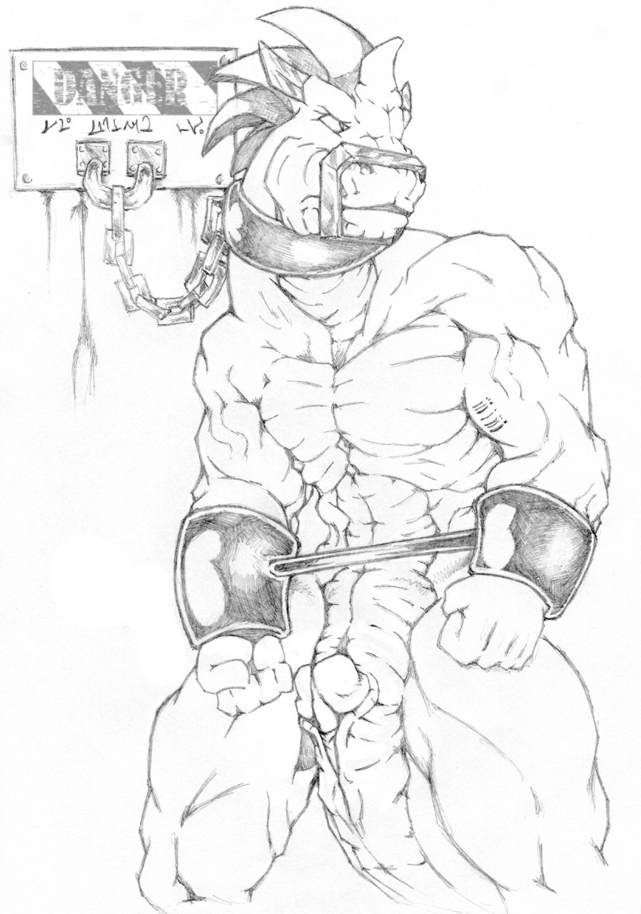 bdsm bondage butt chains collar cuffs erection male megan muscles muzzle nude penis reptile scalie sketch snake solo spikes standing tail