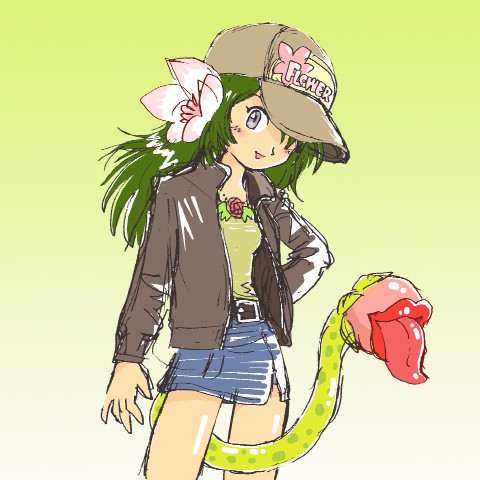 disguise disguised feed_me_seymour female flora_fauna flower hair jacket looking_at_viewer pukao punkao shirt skirt smile solo tentacles tongue trap trick