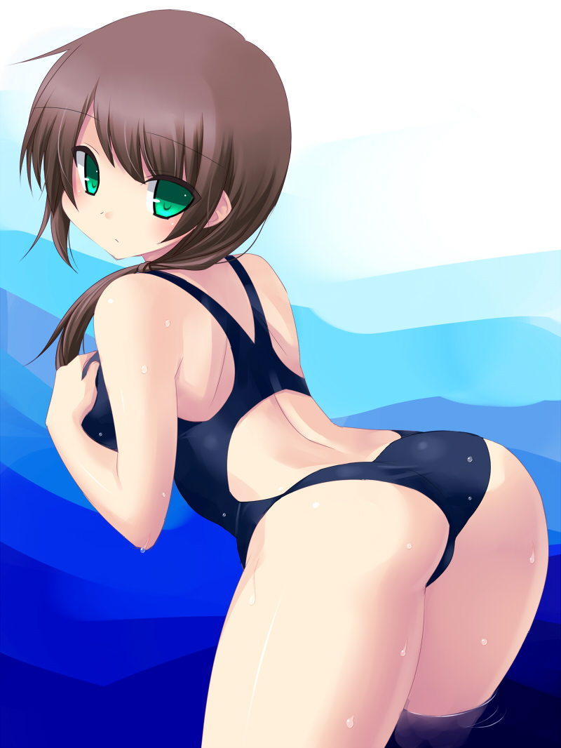ass bad_id bad_pixiv_id brown_hair competition_swimsuit from_behind green_eyes leaning_forward long_hair looking_back one-piece_swimsuit original ponytail solo swimsuit tsukumiya_amane wet