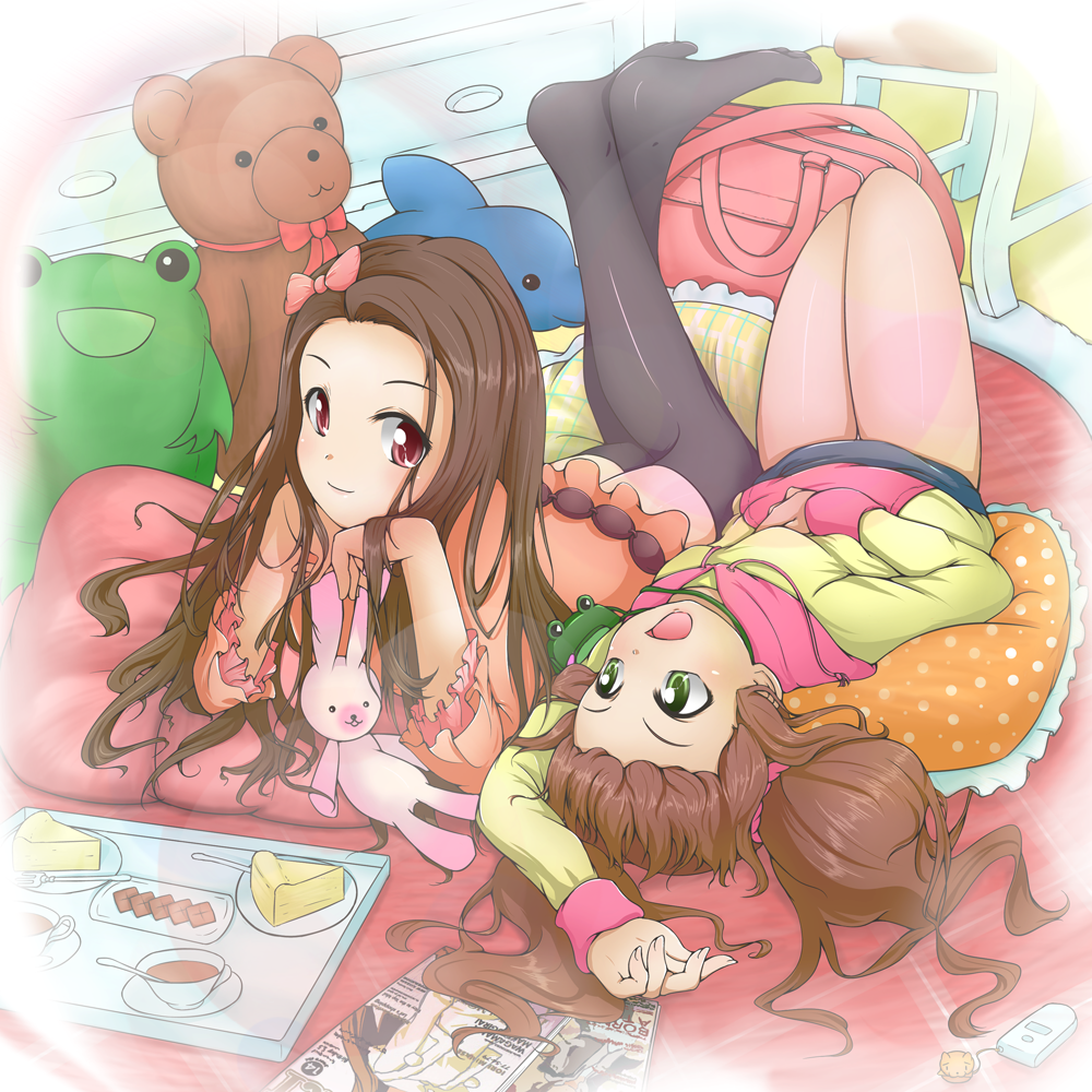 bag brown_eyes brown_hair bunny cake cup dolphin food frog green_eyes hood hoodie idolmaster idolmaster_(classic) idolmaster_2 lying magazine minase_iori multiple_girls on_stomach pobii stuffed_animal stuffed_bunny stuffed_dolphin stuffed_frog stuffed_toy takatsuki_yayoi tea teacup teddy_bear thighhighs twintails