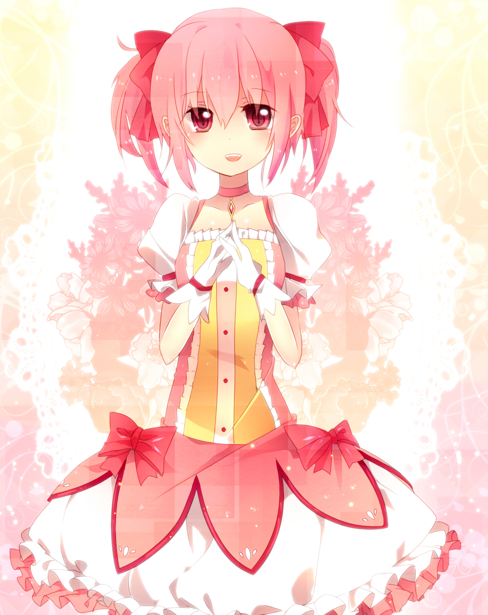 bad_id bad_pixiv_id bow bubble_skirt gloves hair_bow highres kaname_madoka magical_girl mahou_shoujo_madoka_magica pink_eyes pink_hair short_twintails skirt solo tapa twintails white_gloves