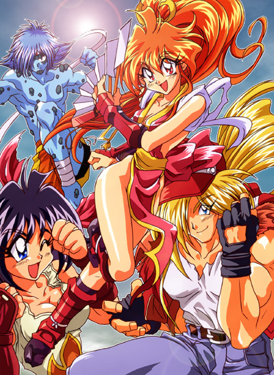 2girls :d ahoge amelia_wil_tesla_seyruun andy_bogard andy_bogard_(cosplay) baseball_cap belt black_gloves black_hair blonde_hair blue_eyes blue_skin breasts cleavage clenched_hand clenched_hands cosplay denim fan fatal_fury fingerless_gloves folding_fan full_body gloves gourry_gabriev hair_over_one_eye happy hat headband jeans joe_higashi joe_higashi_(cosplay) lina_inverse long_hair medium_breasts multiple_boys multiple_girls muscle norie one_eye_closed open_mouth orange_hair pants parody pointy_ears ponytail red_eyes shiranui_mai shiranui_mai_(cosplay) shirt shirtless short_hair slayers smile terry_bogard terry_bogard_(cosplay) the_king_of_fighters zelgadiss_graywords