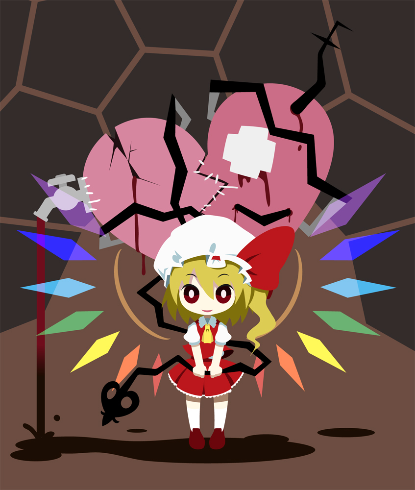 ascot blonde_hair blood broken_heart chibi domaso faucet flandre_scarlet hat heart laevatein red_eyes side_ponytail solo standing touhou wings