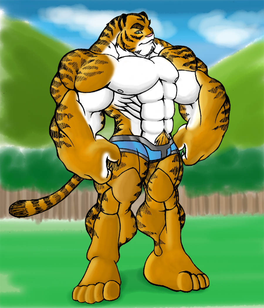 claws feline green_eyes looking_at_viewer male muscles skimpy solo standing tail tiger tkc2021