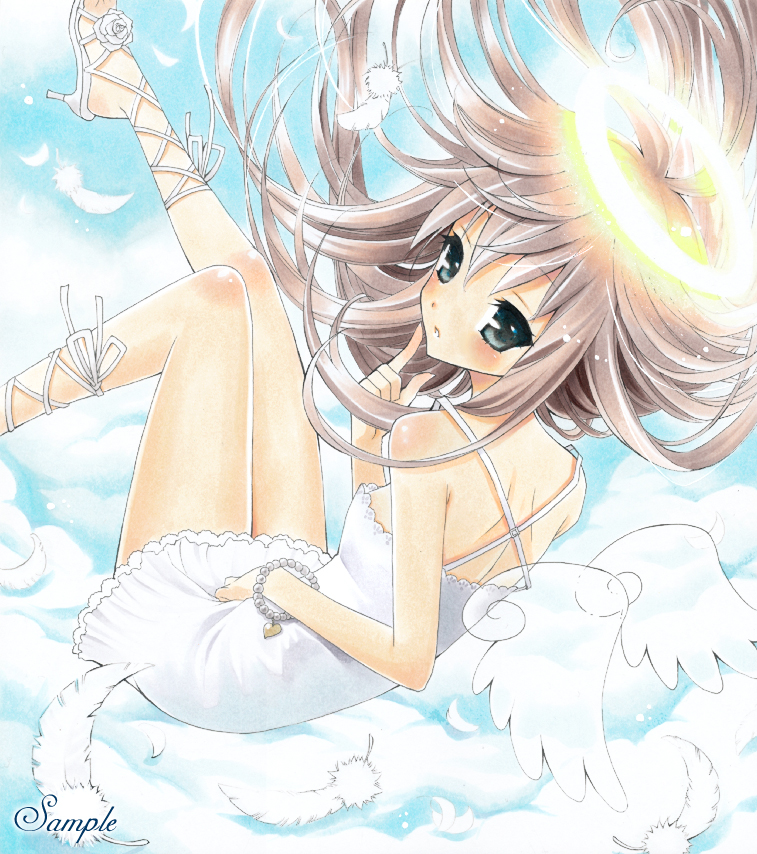 angel ankle_lace-up ayuayu bad_id bad_pixiv_id blush bracelet cross-laced_footwear dress falling feathers halo high_heels jewelry original sample sandals shoes solo wings