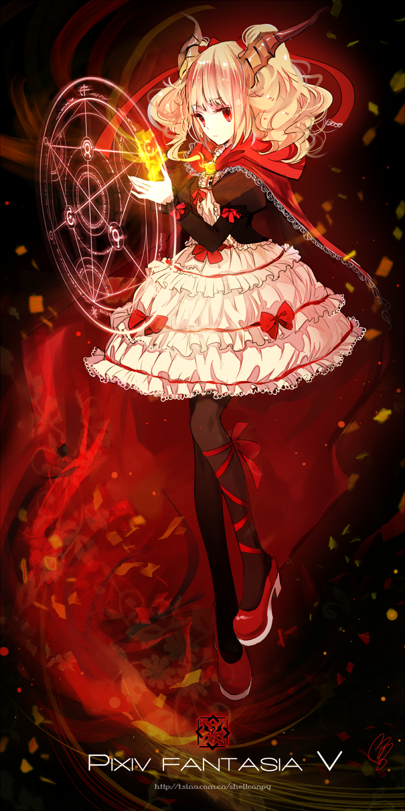 bow cape dress high_heels highres horns magic_circle pixiv_fantasia pixiv_fantasia_5 shell_(shell518) shoes solo twintails