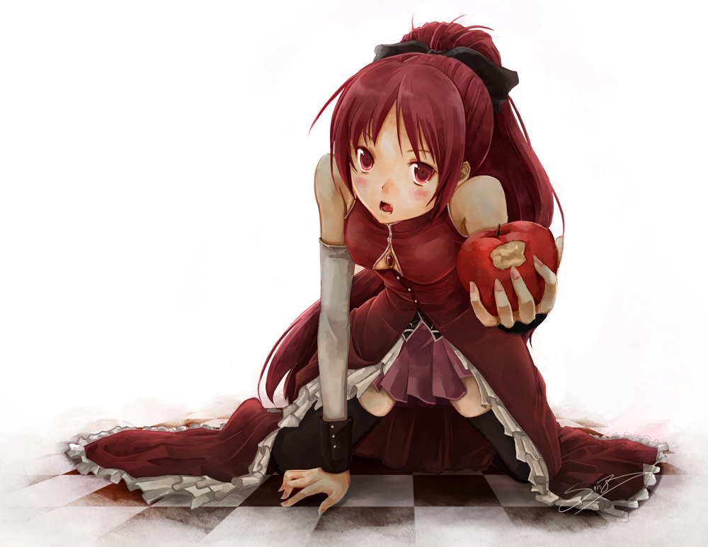 apple arm_support bare_shoulders bow checkered checkered_floor detached_sleeves food fruit hair_bow holding holding_food holding_fruit jewelry kneeling magical_girl mahou_shoujo_madoka_magica open_mouth pendant ponytail red_eyes red_hair sakura_kyouko signature sinzire solo thighhighs
