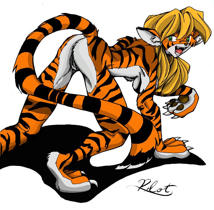 all_fours blonde_hair breasts butt feline female from_behind green_eyes hair long_blonde_hair long_hair looking_at_viewer looking_over_shoulder nude orange pilot_(artist) pussy solo tail tiger