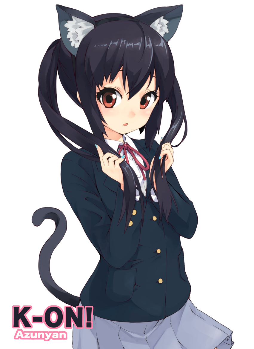 animal_ears bad_id bad_pixiv_id black_hair blazer brown_eyes cat_ears character_name copyright_name fake_animal_ears hair_grab jacket k-on! long_hair looking_at_viewer maeda_risou nail_polish nakano_azusa pleated_skirt school_uniform simple_background skirt solo tail twintails white_background