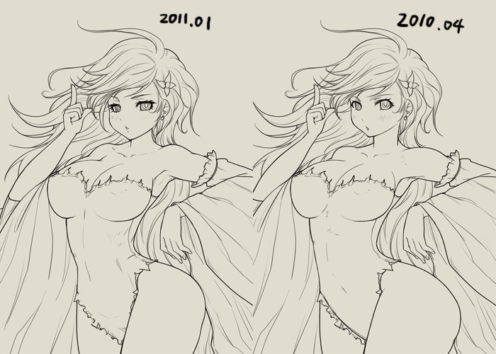 artist_progress breasts cleavage detached_sleeves final_fantasy final_fantasy_iv greyscale hair_ornament large_breasts leotard long_hair mahito monochrome rydia thighs wide_hips