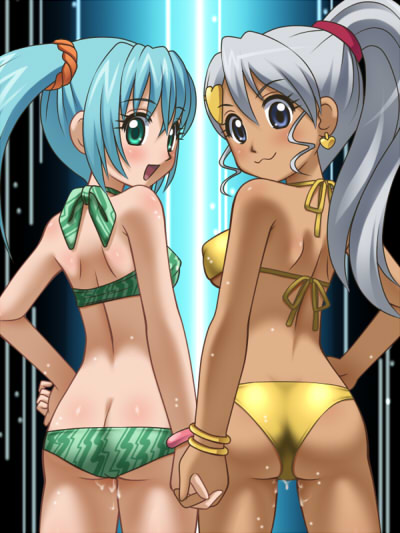 ass awa bakugan bakugan_battle_brawlers bikini blue_hair brown_skin butt_crack dark_skin heart julie_hayward julie_makimoto misaki_runo swimsuit