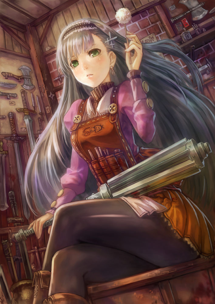 apron armory axe bad_id bad_pixiv_id boots crossed_legs docoi dutch_angle earrings green_eyes hair_ornament hairband jewelry lips long_hair mace original pantyhose sandisk shop silver_hair sitting solo sword weapon weapon_shop