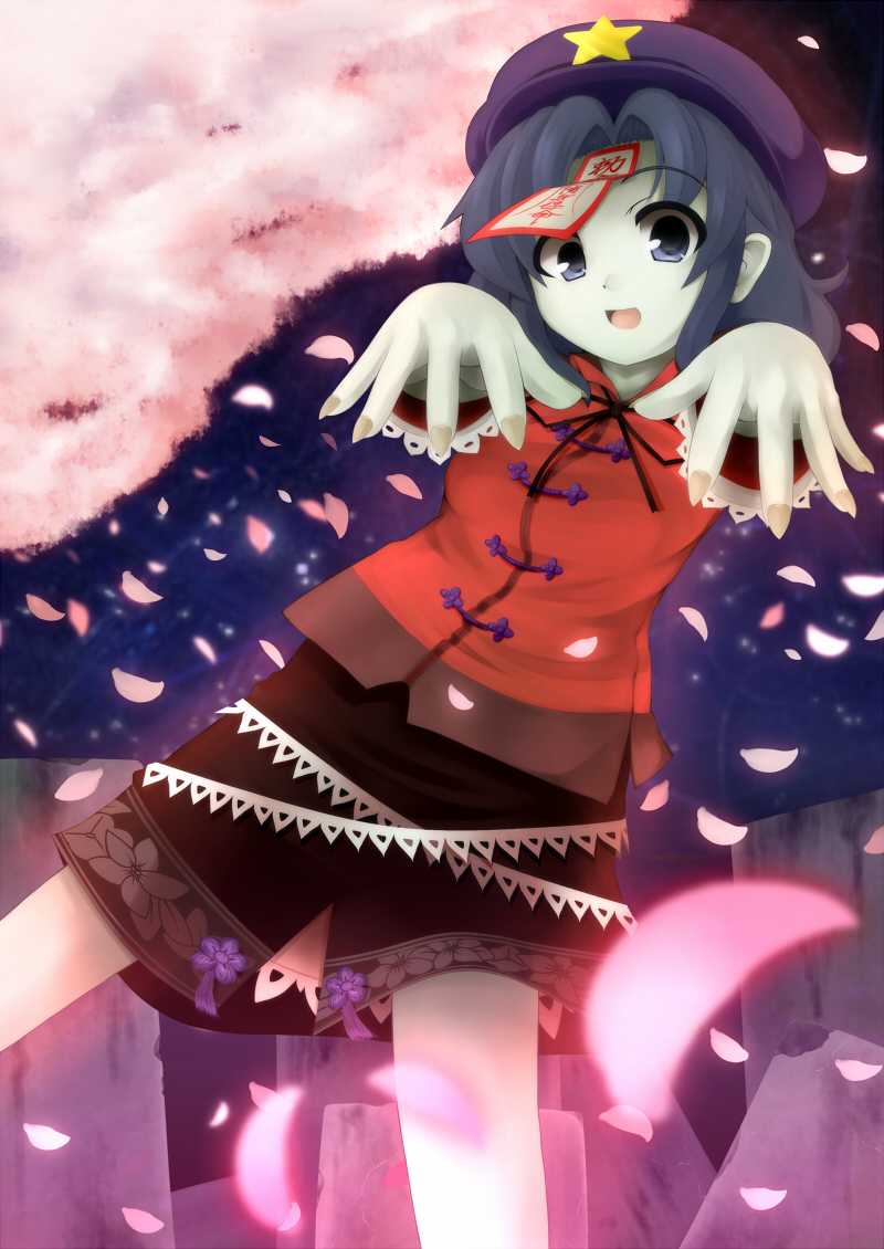 blue_eyes blue_hair cherry_blossoms hat jiangshi miyako_yoshika ofuda open_mouth outstretched_arms pale_skin petals ryuu_(multitask) short_hair skirt smile solo star touhou zombie_pose